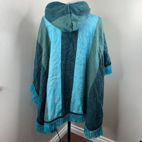 Alpaca Cotton Poncho Sweater Blue Stripe Button Hooded Sz OS Soft Cozy - Picture 7 of 10